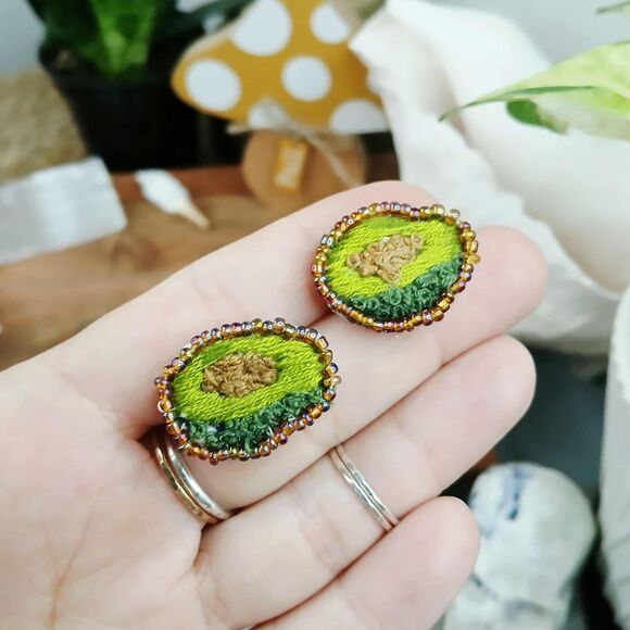Avocado Beaded Embroidered Studs, Handmade OOAK Artisan Foody - Picture 3 of 4